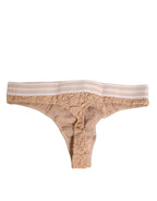 Beige Lace Logo Elastic Waist Thong Tanga Underwear
