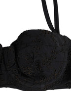 Black Polyester Embroidered Underwire Bra Underwear