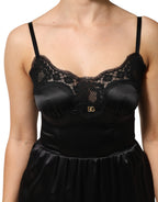 Black Silk Blend Lace Trim Sleeveless Mini Dress