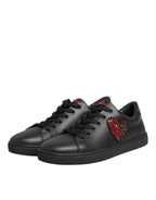 Black Leather Crystal Heart Low Top Sneakers  Shoes