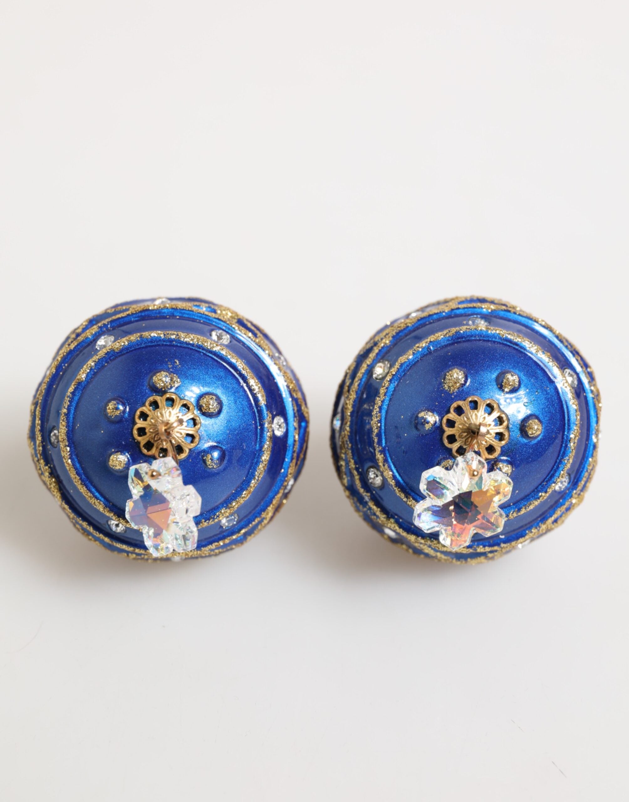 Gold Brass Blue Christmas Ball Crystal Drop Clip On Earrings