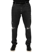 Black Cotton Slim Fit Distressed Ripped Logo Jeans