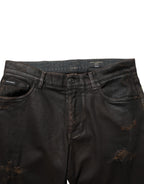 Dark Brown Tattered Cotton Skinny Denim Jeans