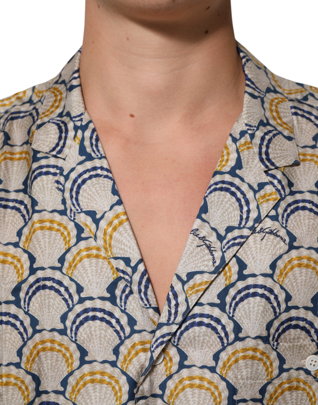 Cream Cotton Silk Hawaii Scallop Shell Print Shirt