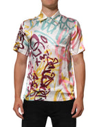 White Silk Hawaiian Graffiti Print Men Casual Shirt
