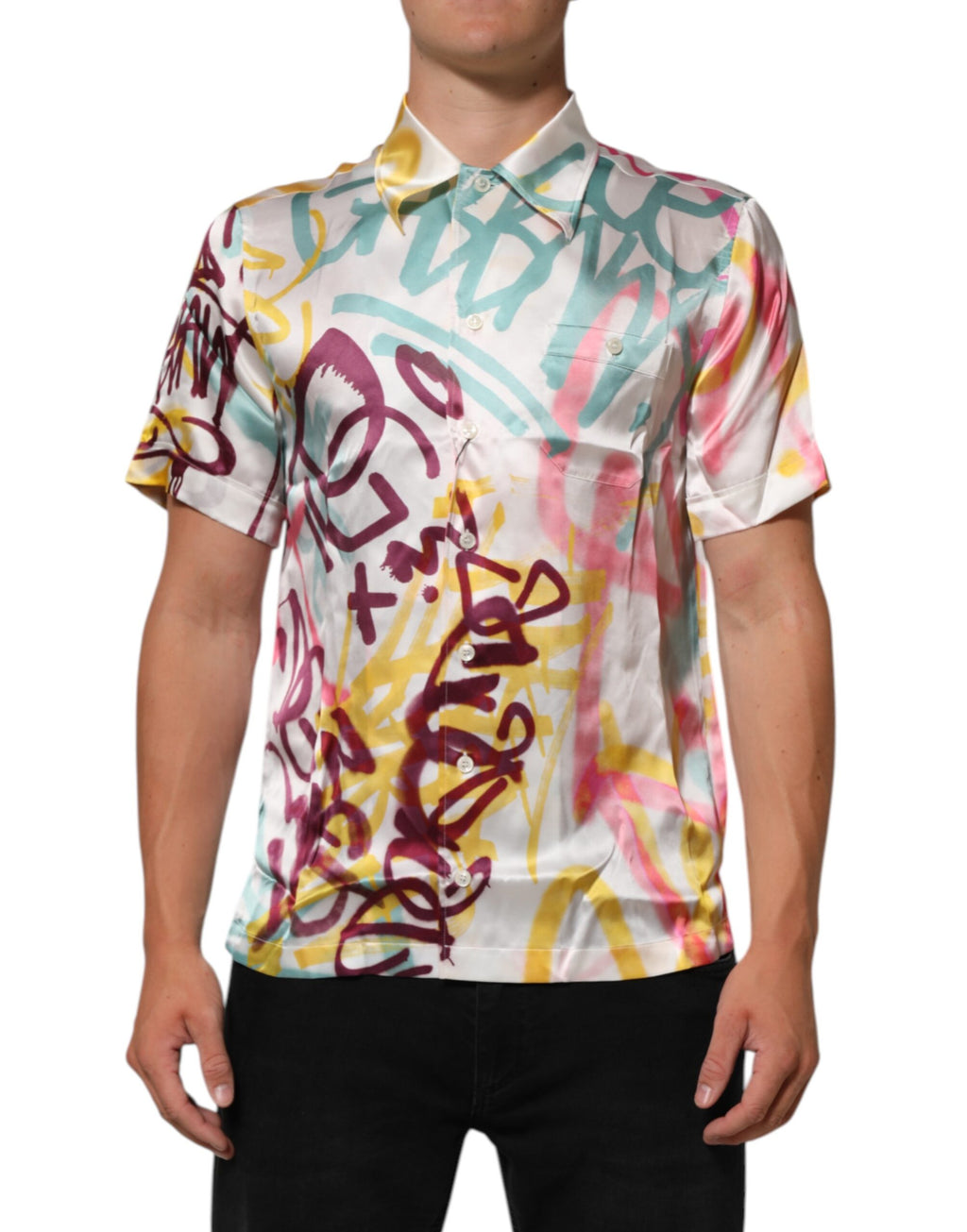 White Silk Hawaiian Graffiti Print Men Casual Shirt