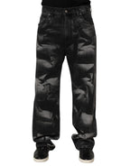 Black Marbled Effect Straight Men Denim Jeans