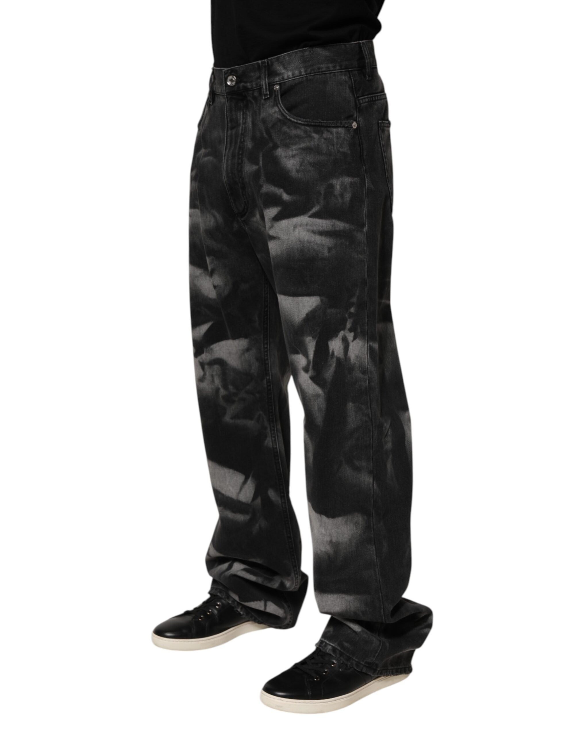 Black Marbled Effect Straight Men Denim Jeans