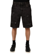 Black Cotton Tattered Denim Men Bermuda Short