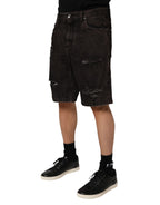 Black Cotton Tattered Denim Men Bermuda Short