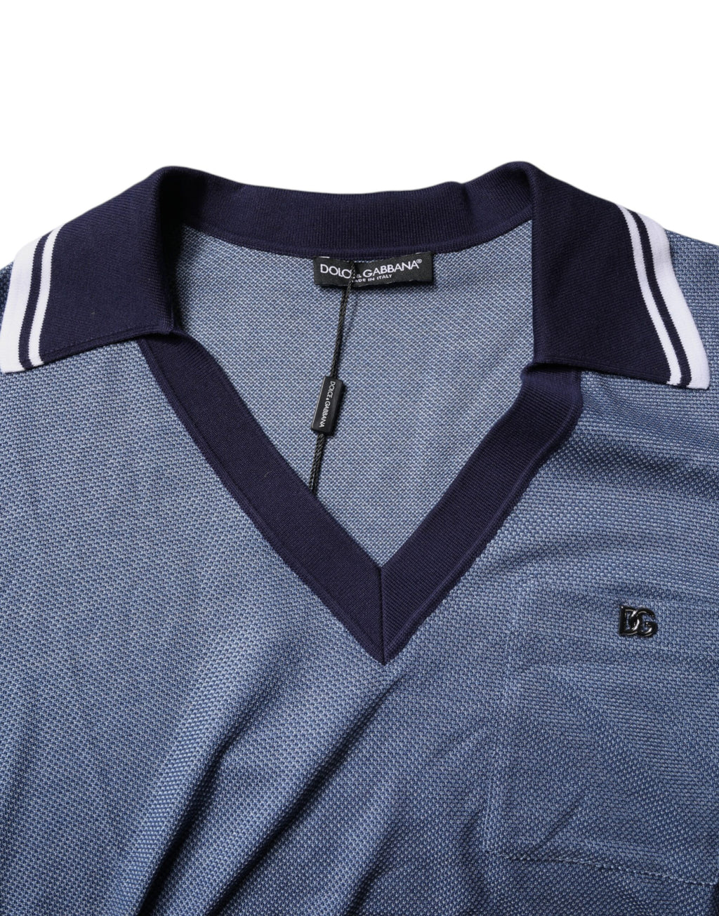 Blue Collared V-neck Silk Blend Polo T-shirt