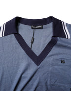 Blue Collared V-neck Silk Blend Polo T-shirt