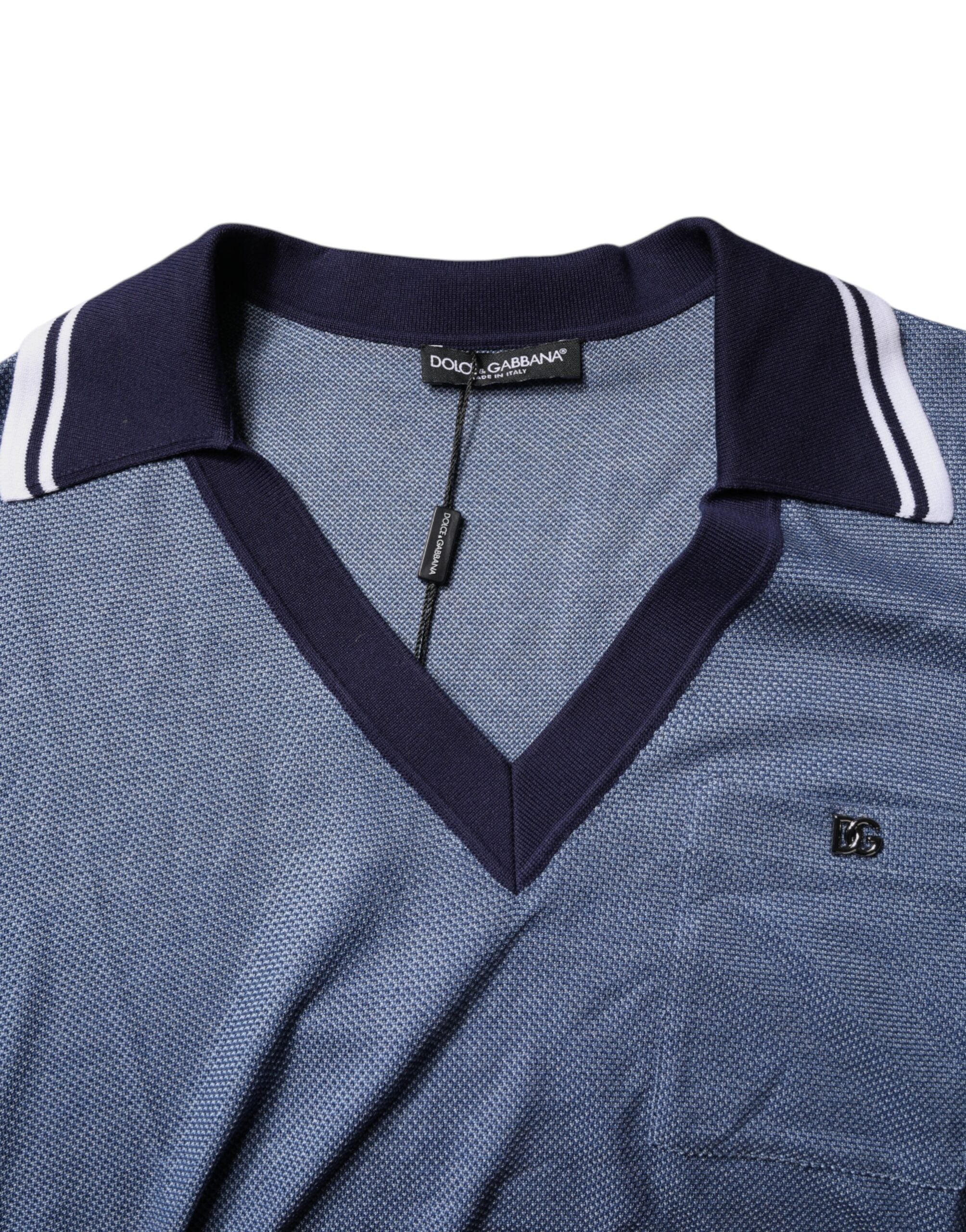 Blue Collared V-neck Silk Blend Polo T-shirt