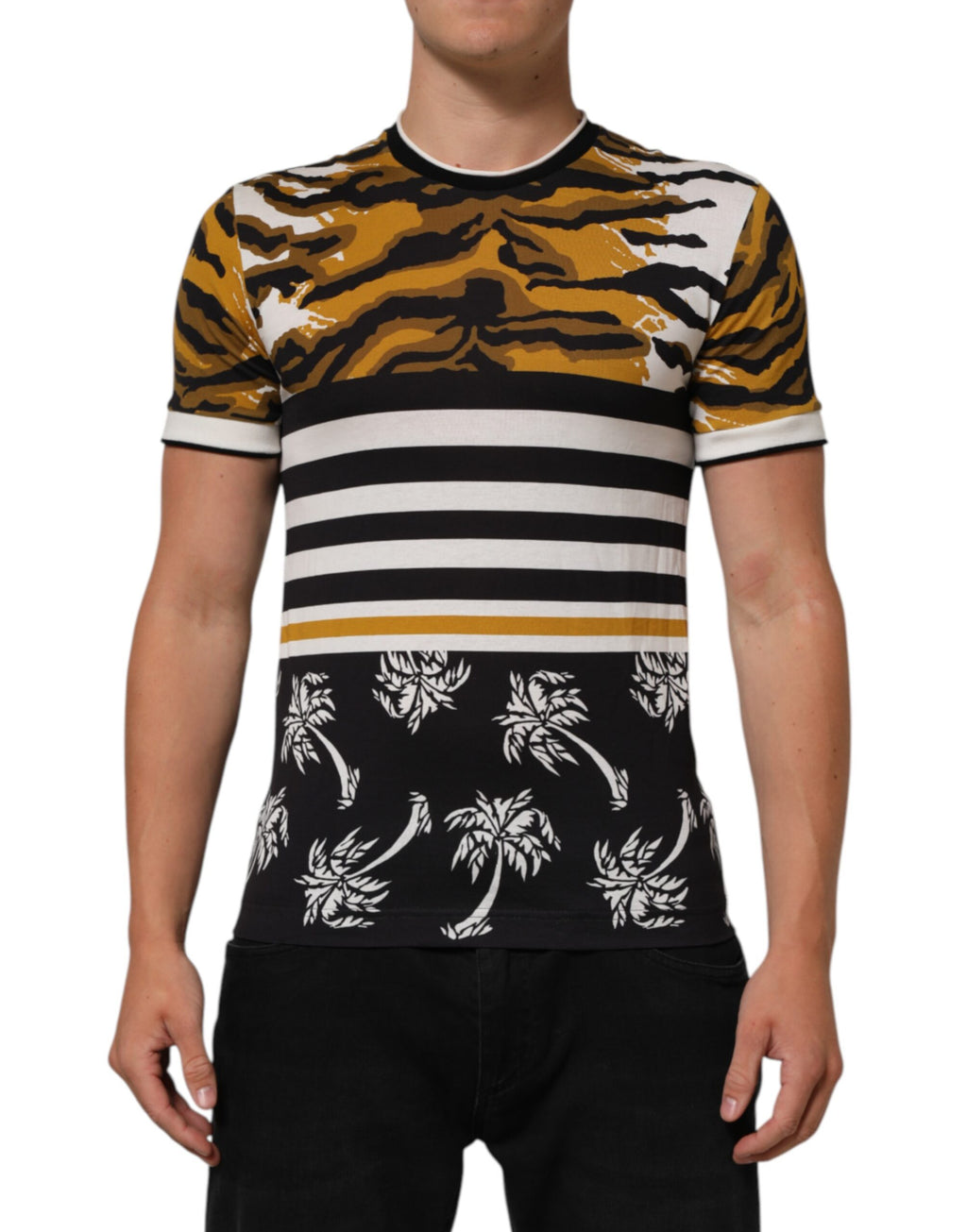 Multicolor Leopard Palm Leaf Men Crew Neck T-shirt
