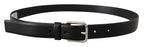 Black Calf Leather Silver Tone Logo Buckle Belt