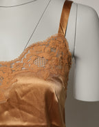 Brown Floral Lace Silk Satin Tank Lingerie Underwear
