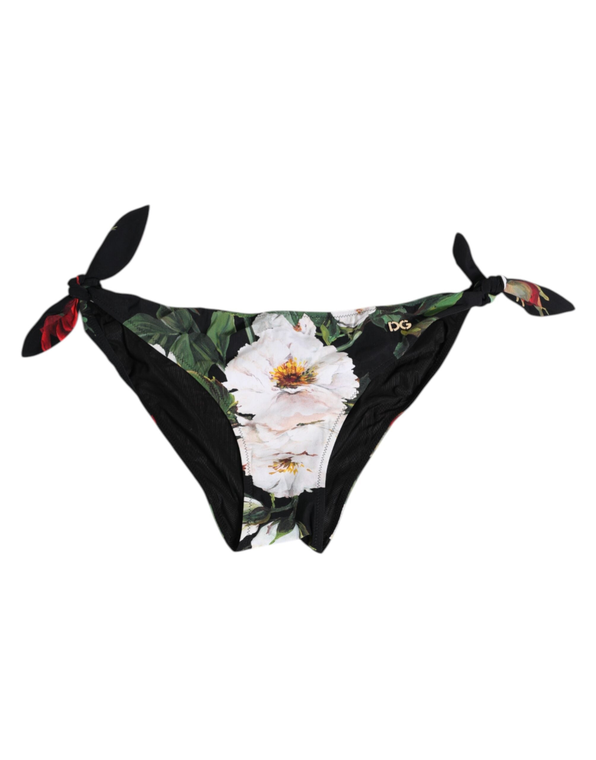 Black Side Tie Floral Bikini Bottom Swimwear