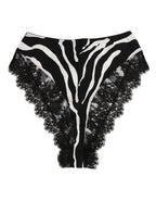 Black Silk Zebra Print Lace High Waist Underwear
