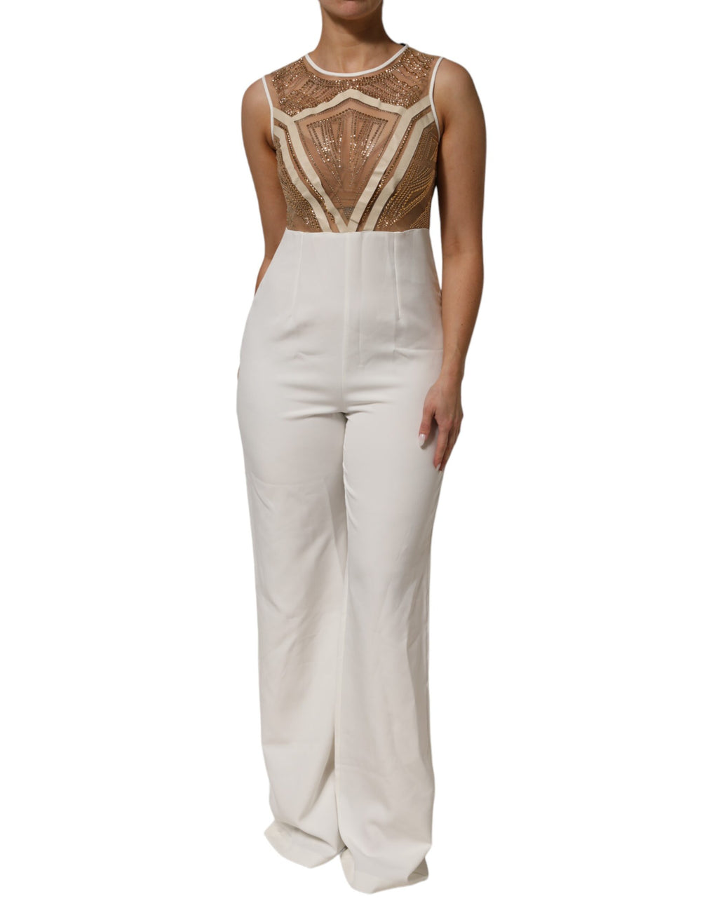 White Beige Mesh Crystal Embellished Sleeveless Jumpsuit