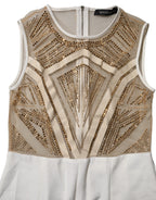 White Beige Mesh Crystal Embellished Sleeveless Jumpsuit