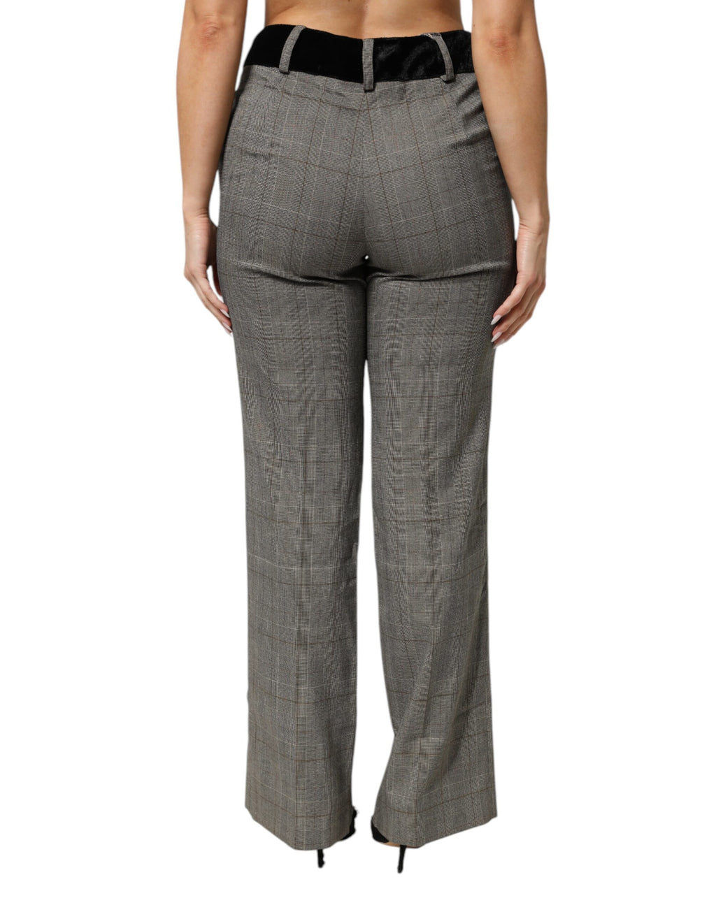 Gray Wool Blend Plaid Straight Leg Velvet Waist Pants