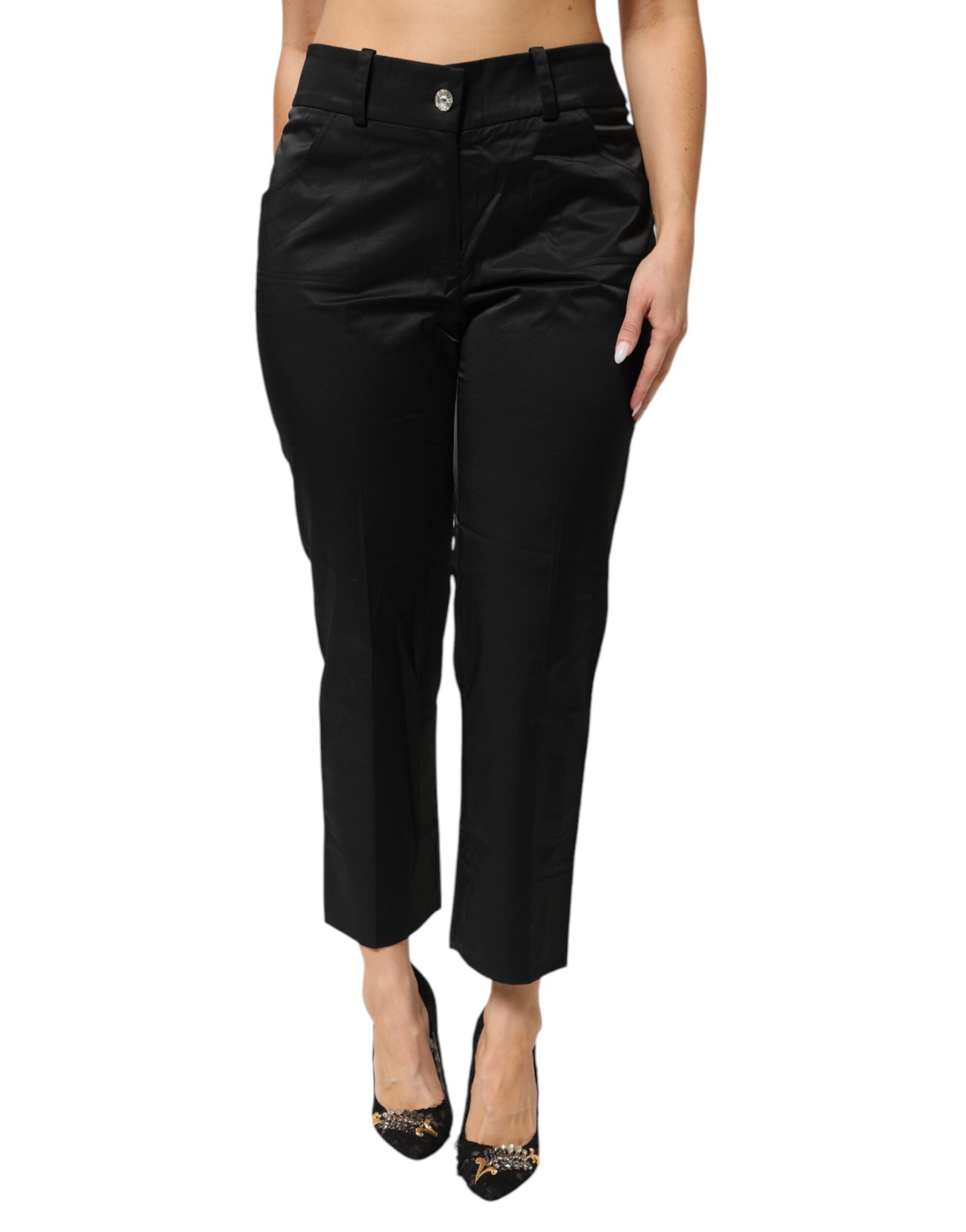 Black Cotton Blend Cropped Straight Leg Pants