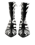 Black White Zebra Leather Mid Calf Boots Shoes