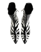 Black White Zebra Leather Mid Calf Boots Shoes