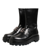 Black Logo Plaque Mid Calf Biker Boots Shoes
