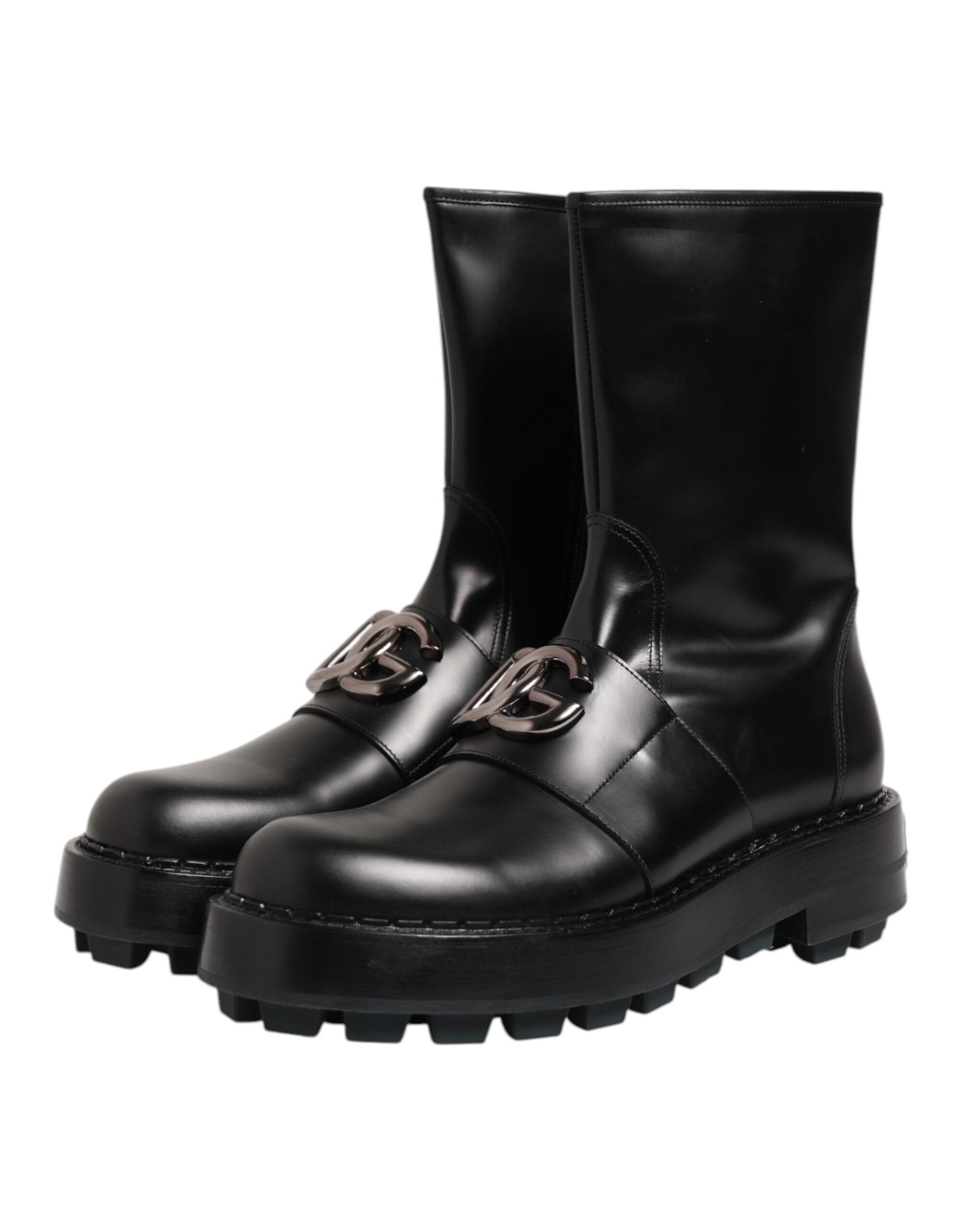 Black Logo Plaque Mid Calf Biker Boots Shoes