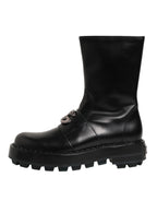 Black Logo Plaque Mid Calf Biker Boots Shoes