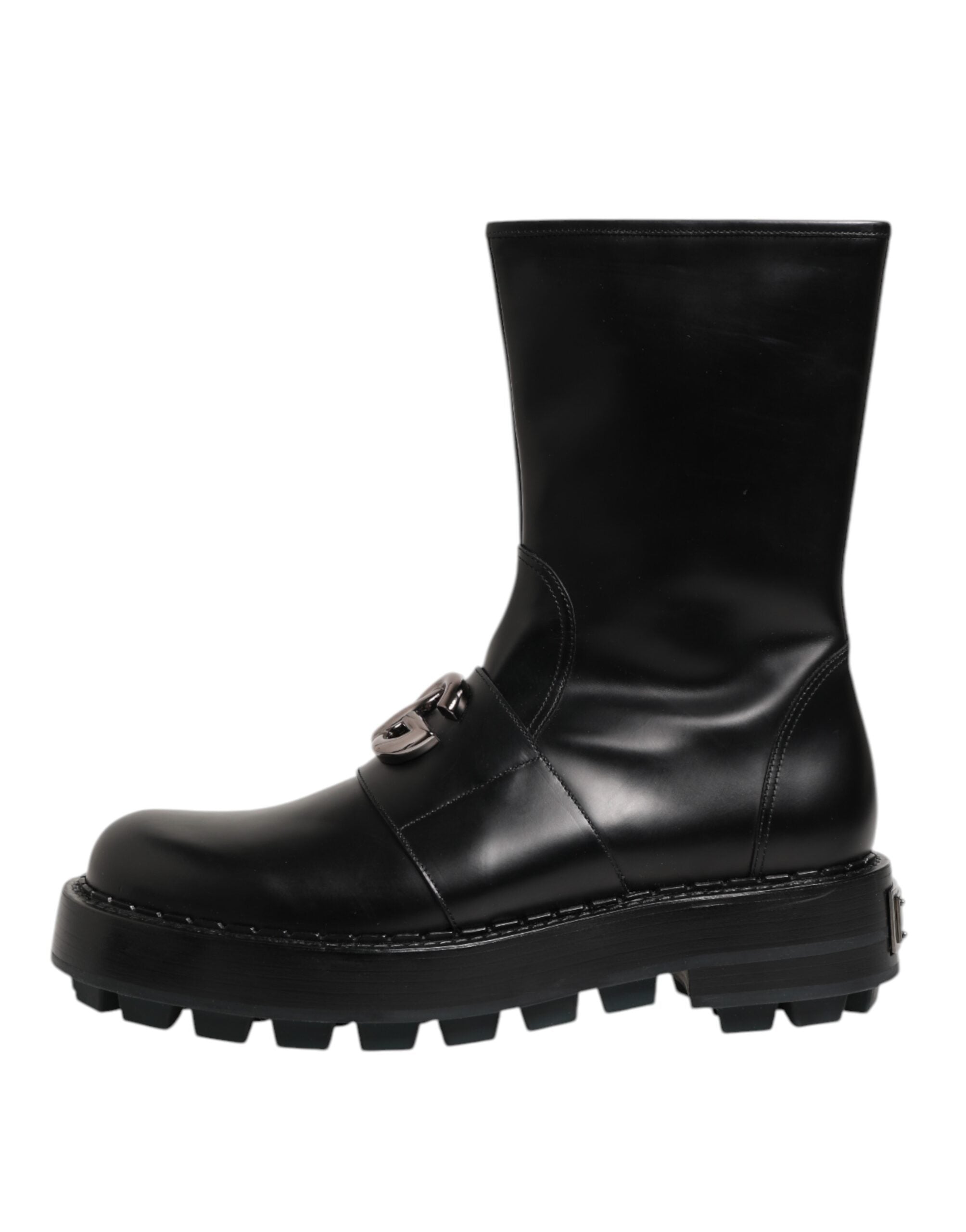 Black Logo Plaque Mid Calf Biker Boots Shoes