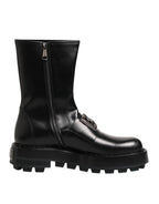 Black Logo Plaque Mid Calf Biker Boots Shoes