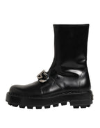 Black Logo Plaque Mid Calf Biker Boots Shoes