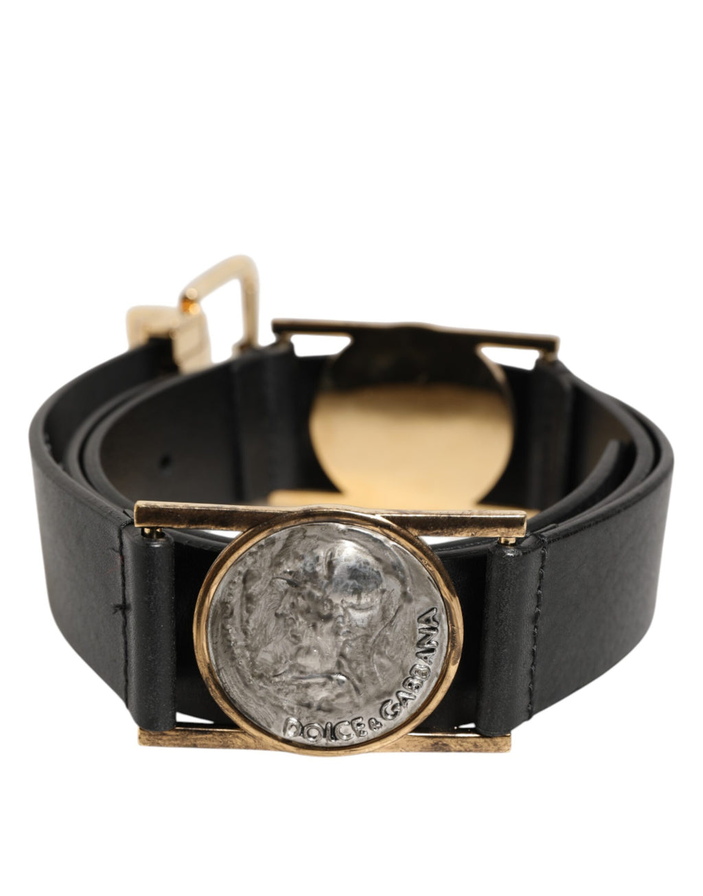 Black Leather Gold Silver Coin Buckle Belt