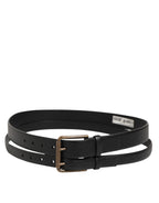 Black Double Strap Leather Brass Buckle Belt