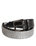 Black Silver Pebbled Texture Leather Buckle Men Belt