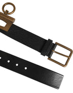 Black Leather Side Rings Brass Buckle Belt