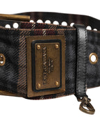 Plaid Fabric Logo Plate Brass Buckle Belt
