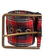 Red Plaid Fabric Logo Plate Brass Buckle Belt