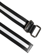 Black White Striped Logo Metal Buckle Belt