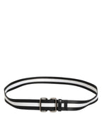 Black White Striped Logo Metal Buckle Belt