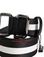Black White Striped Logo Metal Buckle Belt