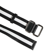 Black White Striped Logo Metal Buckle Belt