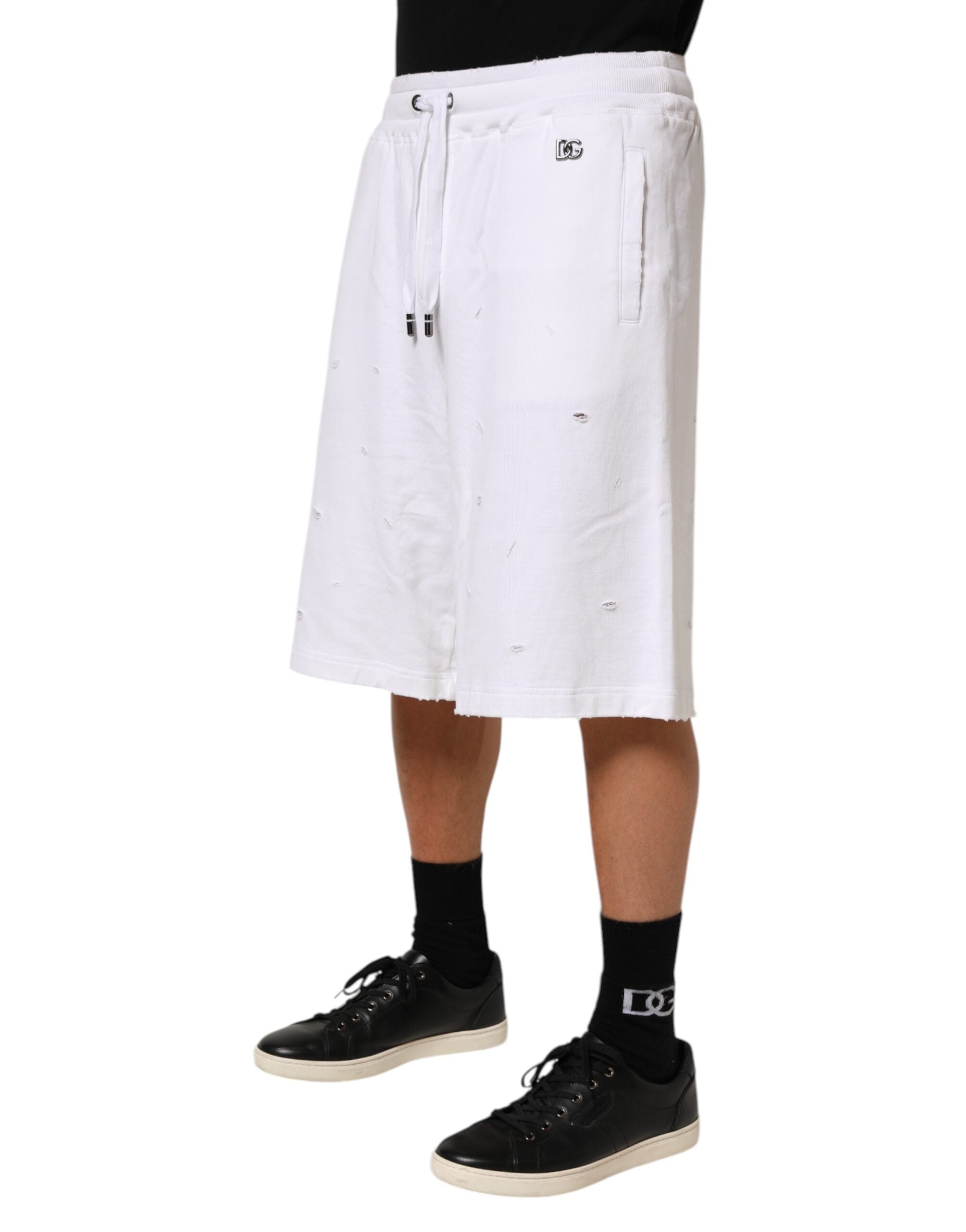 White Cotton Ripped Bermuda Sweatpants Shorts