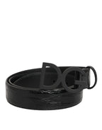 Black Exotic Leather Metal Logo Buckle Belt