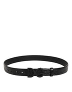 Black Exotic Leather Metal Logo Buckle Belt