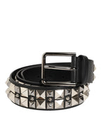 Black Calf Leather Studded Silver Buckle Belt