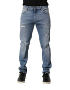 Blue Distressed Cotton Slim Men Denim Jeans
