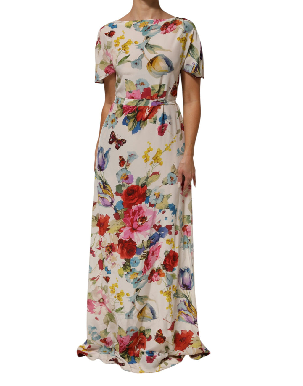 White Floral Print Silk Sheath LongGown Dress